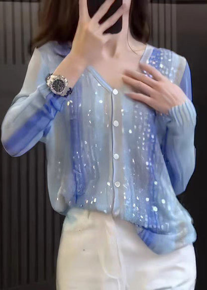 Stylish Blue V Neck Sequins Button Knit Top Fall
