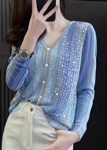 Stylish Blue V Neck Sequins Button Knit Top Fall