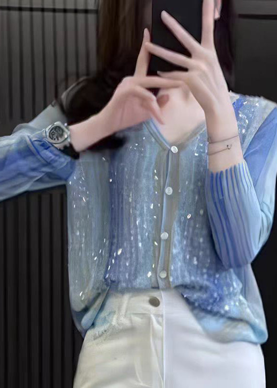Stylish Blue V Neck Sequins Button Knit Top Fall