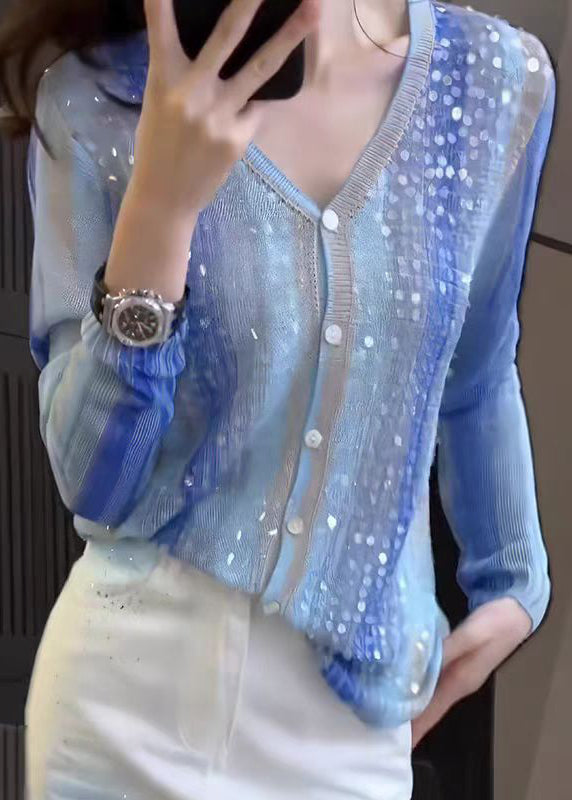 Stylish Blue V Neck Sequins Button Knit Top Fall