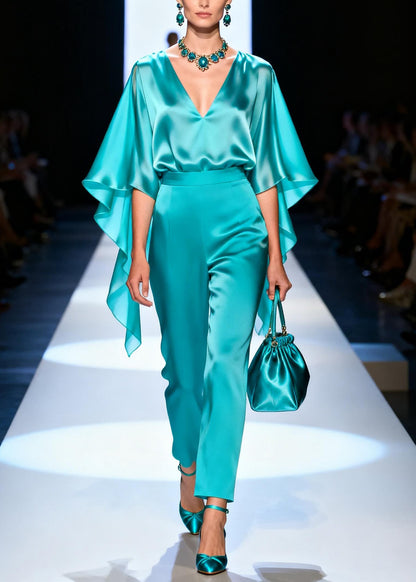 Stylish Blue V Neck Top And Pants Silk Two Pieces Set Summer