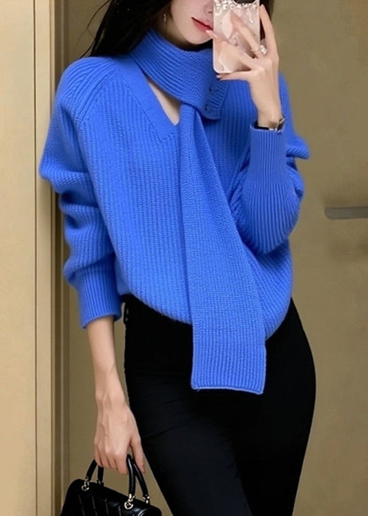 Stylish Blue V Neck With Scarf Knit Sweater Winter