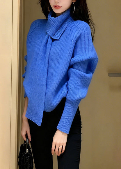 Stylish Blue V Neck With Scarf Knit Sweater Winter