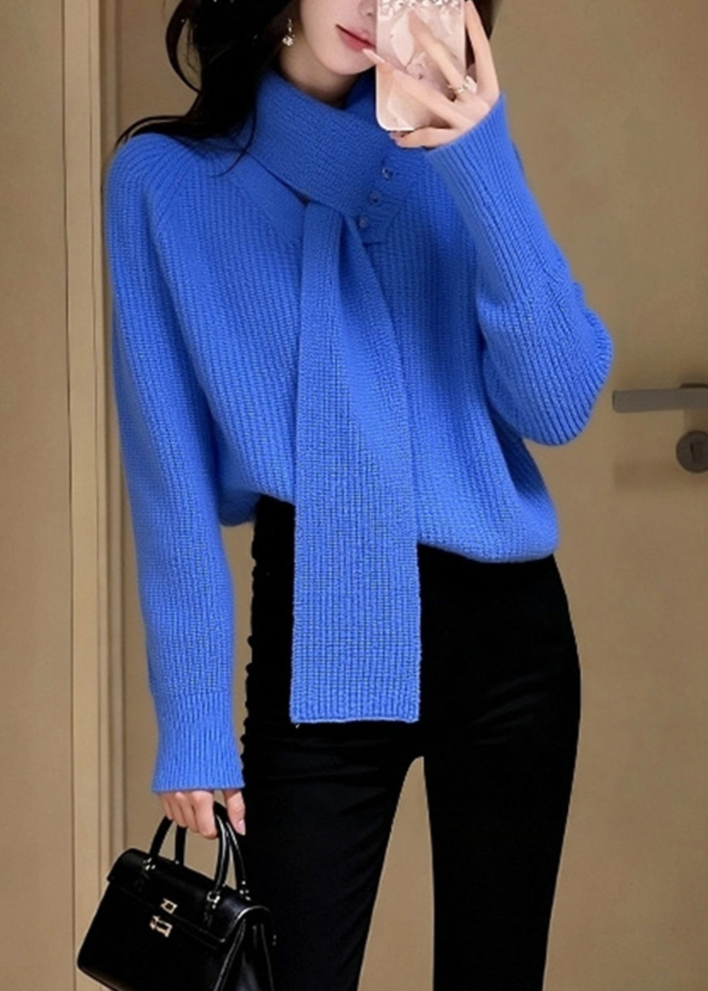 Stylish Blue V Neck With Scarf Knit Sweater Winter