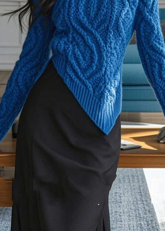 Stylish Blue Zip Up Asymmetrical Design Knit Sweaters Spring