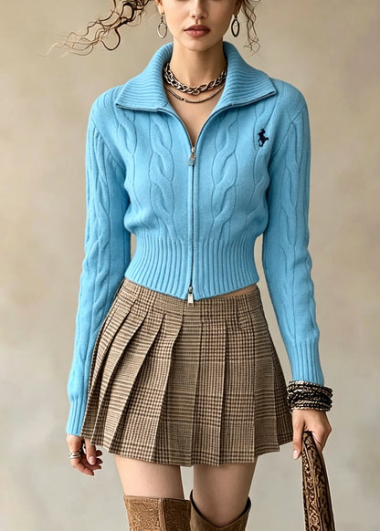 Stylish Blue Zip Up Embroidered Knit Sweater Coat Fall