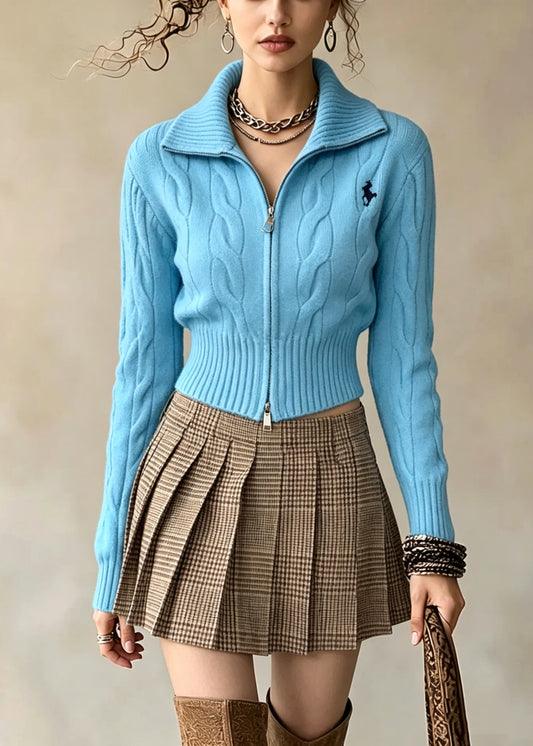 Stylish Blue Zip Up Embroidered Knit Sweater Coat Fall