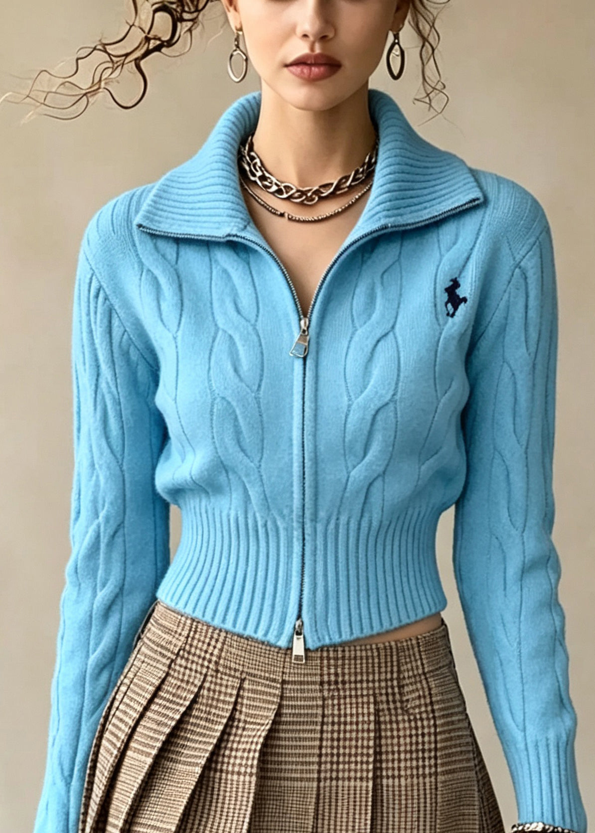 Stylish Blue Zip Up Embroidered Knit Sweater Coat Fall