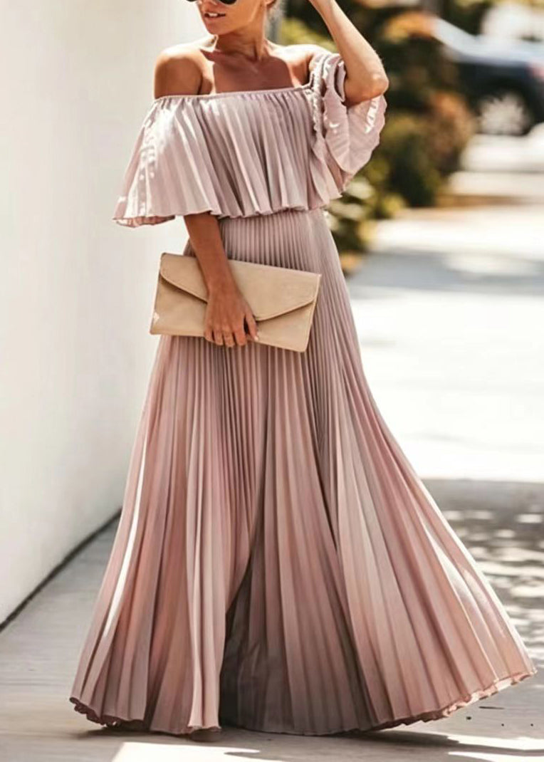 Stylish Bohemian Slash Neck Chiffon Pleated Skirt Dress Summer