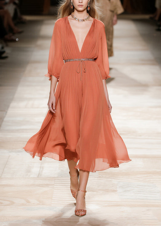 Stylish Brick Red Cinched Wrinkled Chiffon Long Dresses Summer