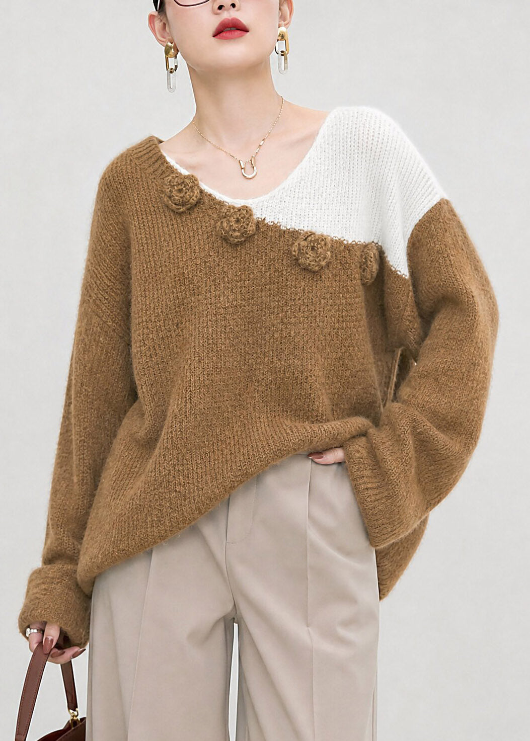 Stylish Brown Asymmetrical Floral Cozy Cotton Knit Sweater Long Sleeve