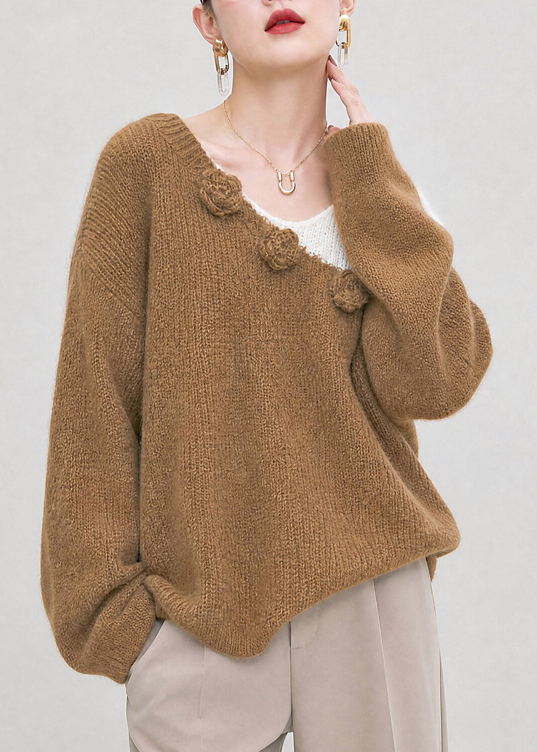 Stylish Brown Asymmetrical Floral Cozy Cotton Knit Sweater Long Sleeve