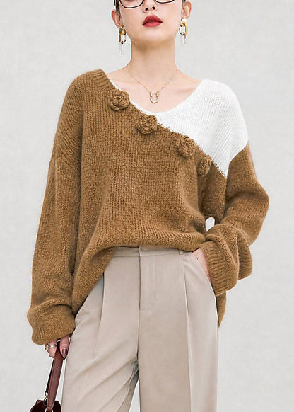 Stylish Brown Asymmetrical Floral Cozy Cotton Knit Sweater Long Sleeve