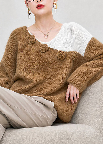 Stylish Brown Asymmetrical Floral Cozy Cotton Knit Sweater Long Sleeve