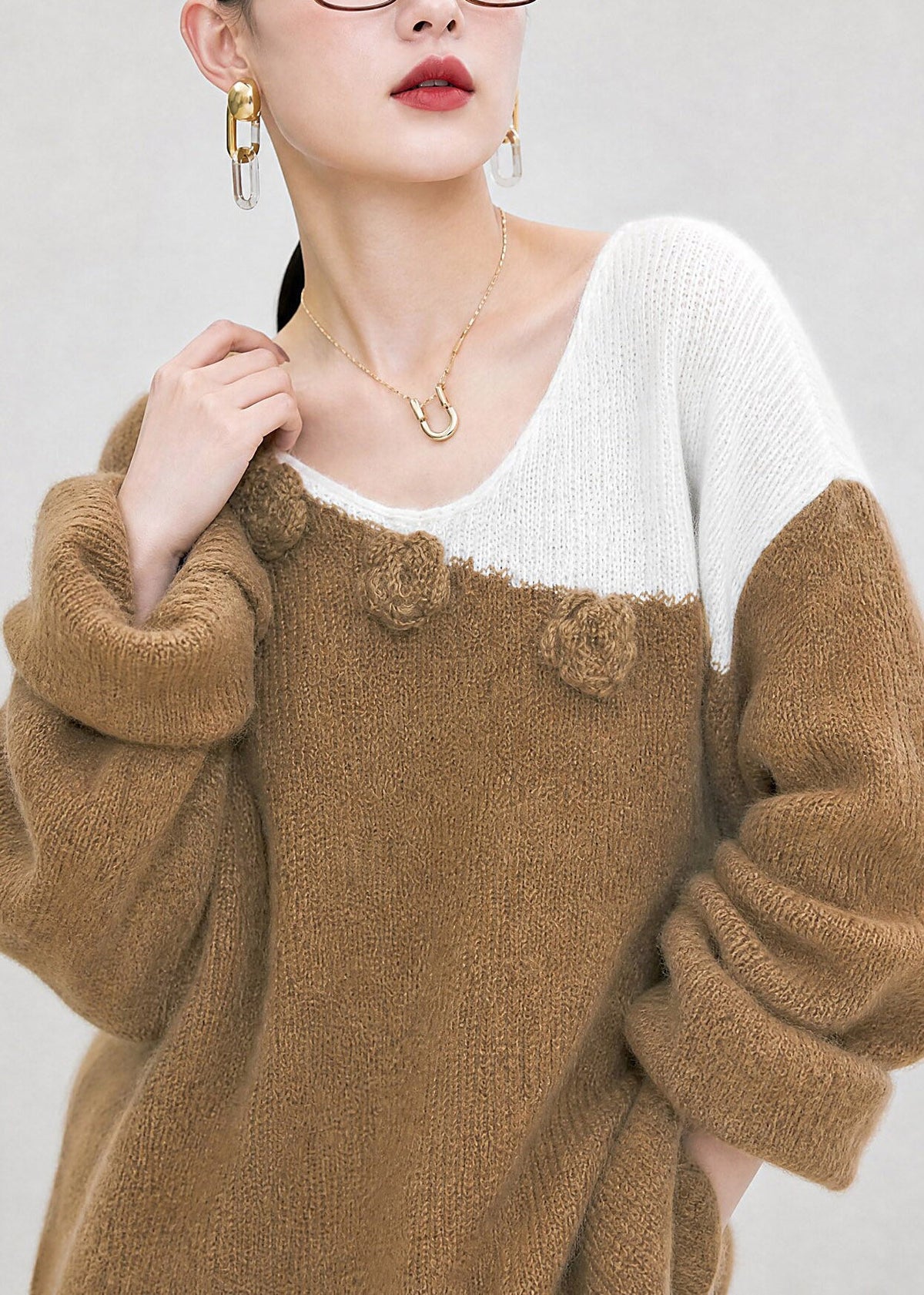 Stylish Brown Asymmetrical Floral Cozy Cotton Knit Sweater Long Sleeve