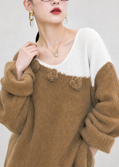 Stylish Brown Asymmetrical Floral Cozy Cotton Knit Sweater Long Sleeve