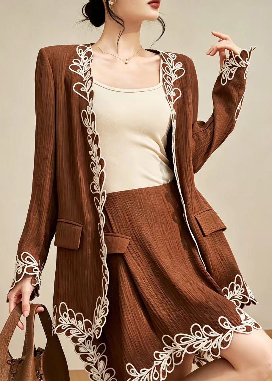 Stylish Brown Embroidered Blazer And Asymmetrical Skirts Two Pieces Set Fall