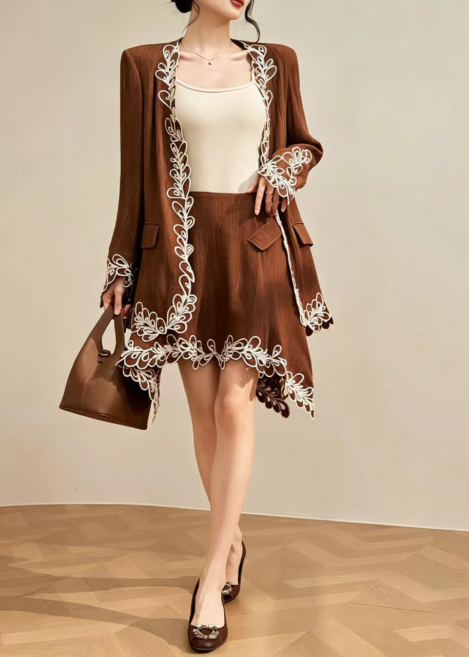 Stylish Brown Embroidered Blazer And Asymmetrical Skirts Two Pieces Set Fall