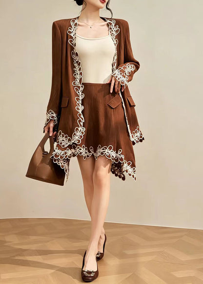 Stylish Brown Embroidered Blazer And Asymmetrical Skirts Two Pieces Set Fall