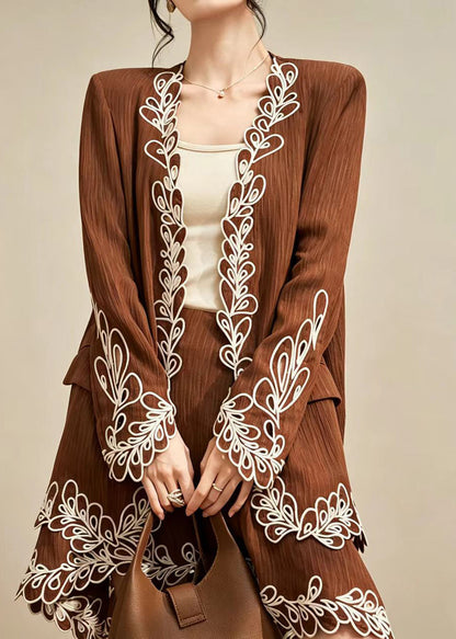 Stylish Brown Embroidered Blazer And Asymmetrical Skirts Two Pieces Set Fall