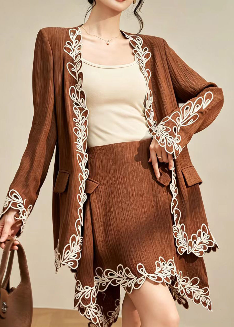 Stylish Brown Embroidered Blazer And Asymmetrical Skirts Two Pieces Set Fall