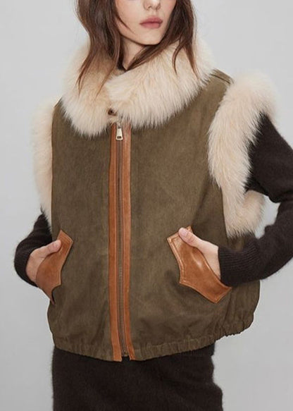 Stylish Brown Fur Collar Pockets Fine Cotton Filled Waistcoat Sleeveless