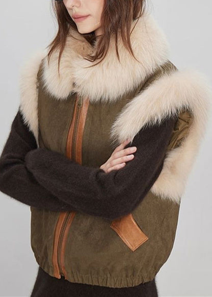 Stylish Brown Fur Collar Pockets Fine Cotton Filled Waistcoat Sleeveless