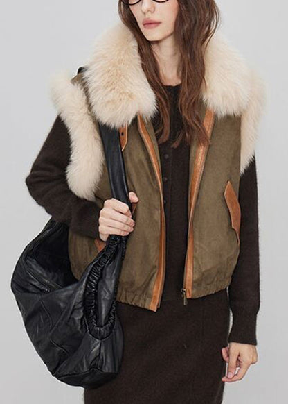 Stylish Brown Fur Collar Pockets Fine Cotton Filled Waistcoat Sleeveless