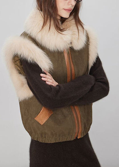 Stylish Brown Fur Collar Pockets Fine Cotton Filled Waistcoat Sleeveless