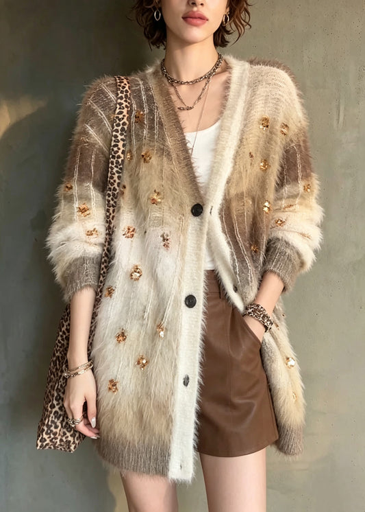Stylish Brown Gradient V Neck Sequins Knit Cardigans Fall