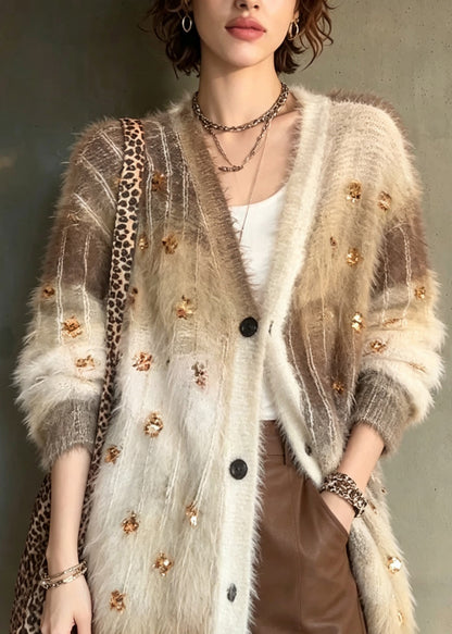 Stylish Brown Gradient V Neck Sequins Knit Cardigans Fall