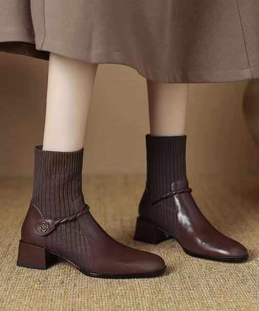 Stylish Brown Knit Splicing Braid Strap Chunky Elastic Sock Boots