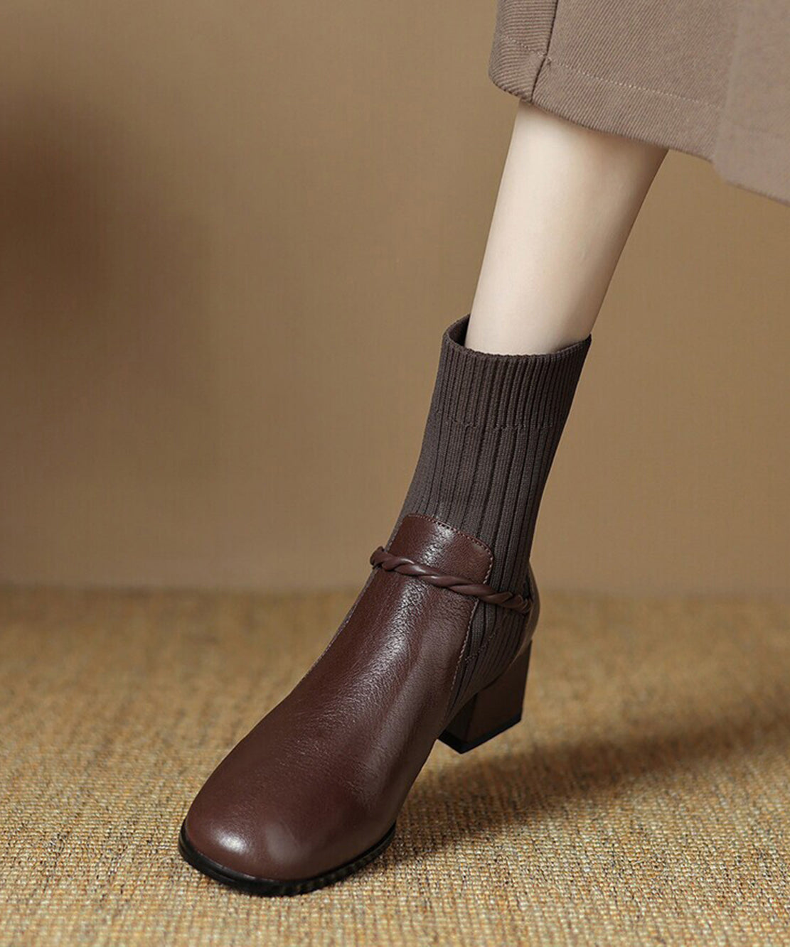 Stylish Brown Knit Splicing Braid Strap Chunky Elastic Sock Boots
