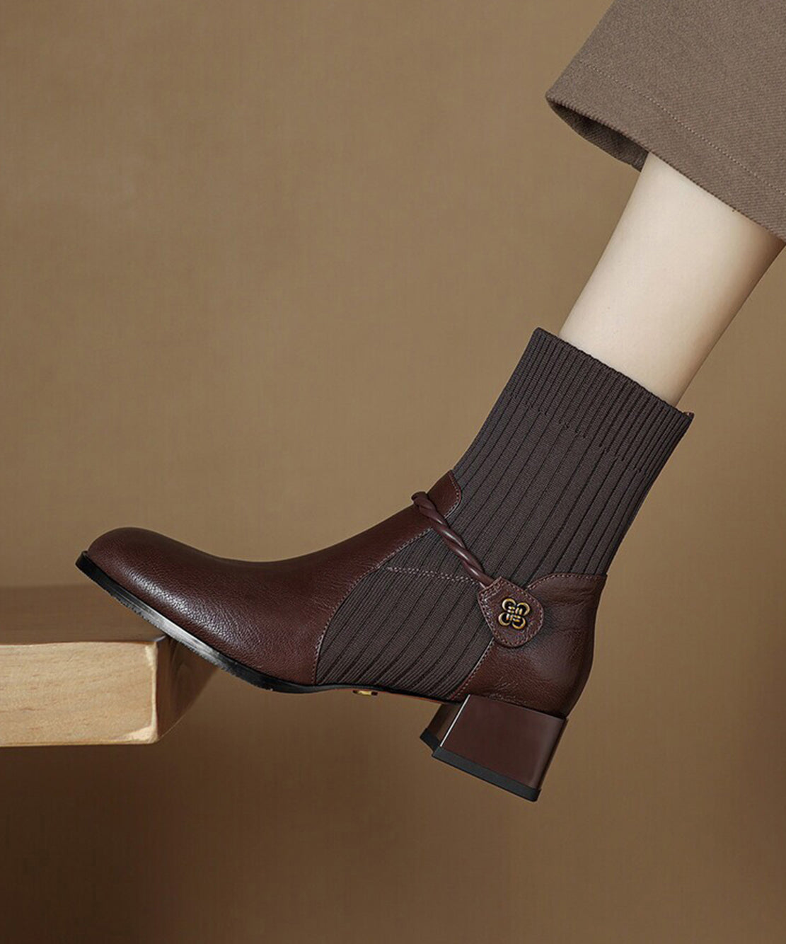Stylish Brown Knit Splicing Braid Strap Chunky Elastic Sock Boots
