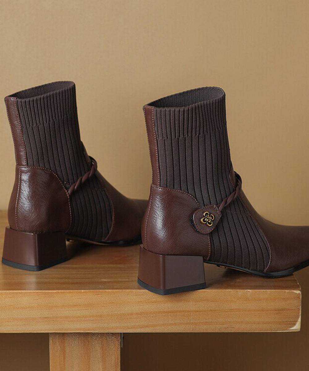 Stylish Brown Knit Splicing Braid Strap Chunky Elastic Sock Boots