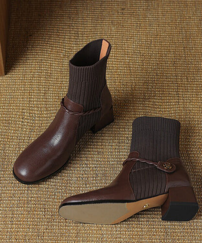 Stylish Brown Knit Splicing Braid Strap Chunky Elastic Sock Boots