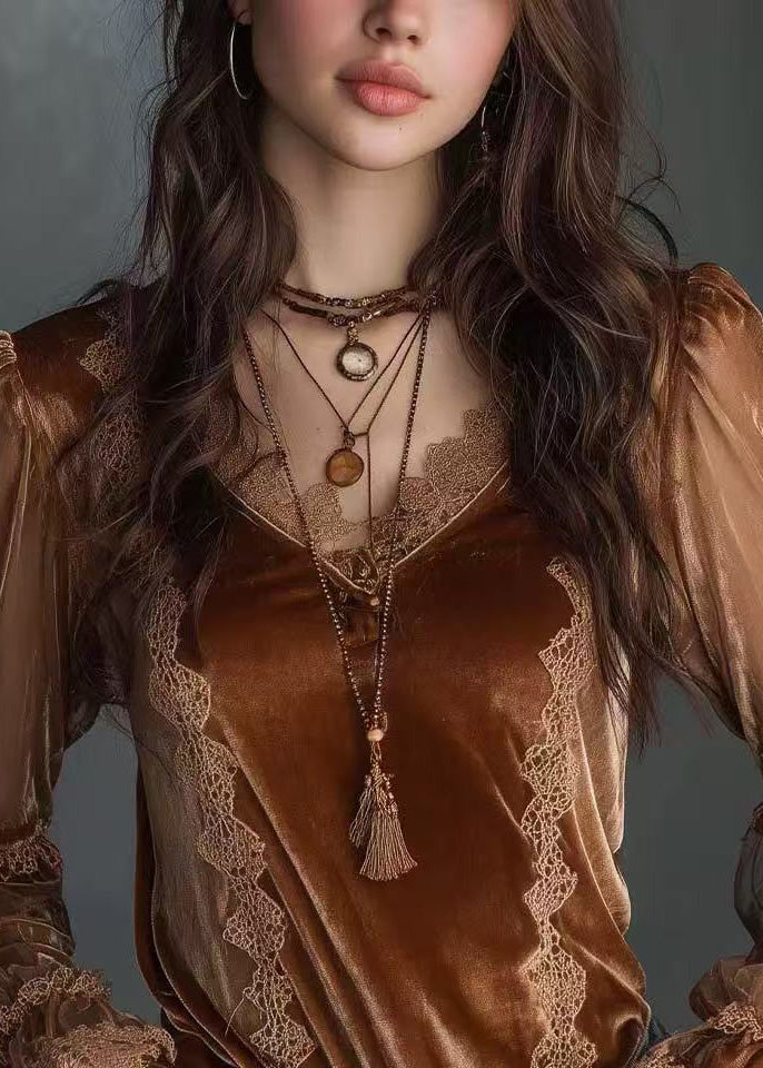 Stylish Brown Lace Patchwork Velour Top Spring