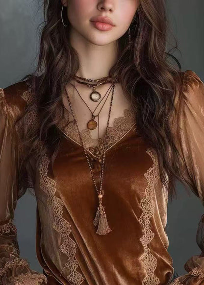 Stylish Brown Lace Patchwork Velour Top Spring