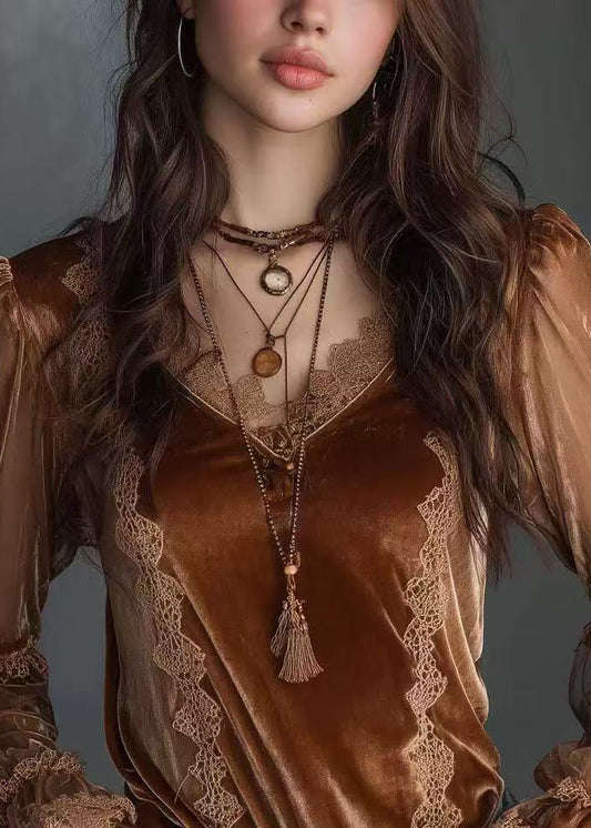 Stylish Brown Lace Patchwork Velour Top Spring