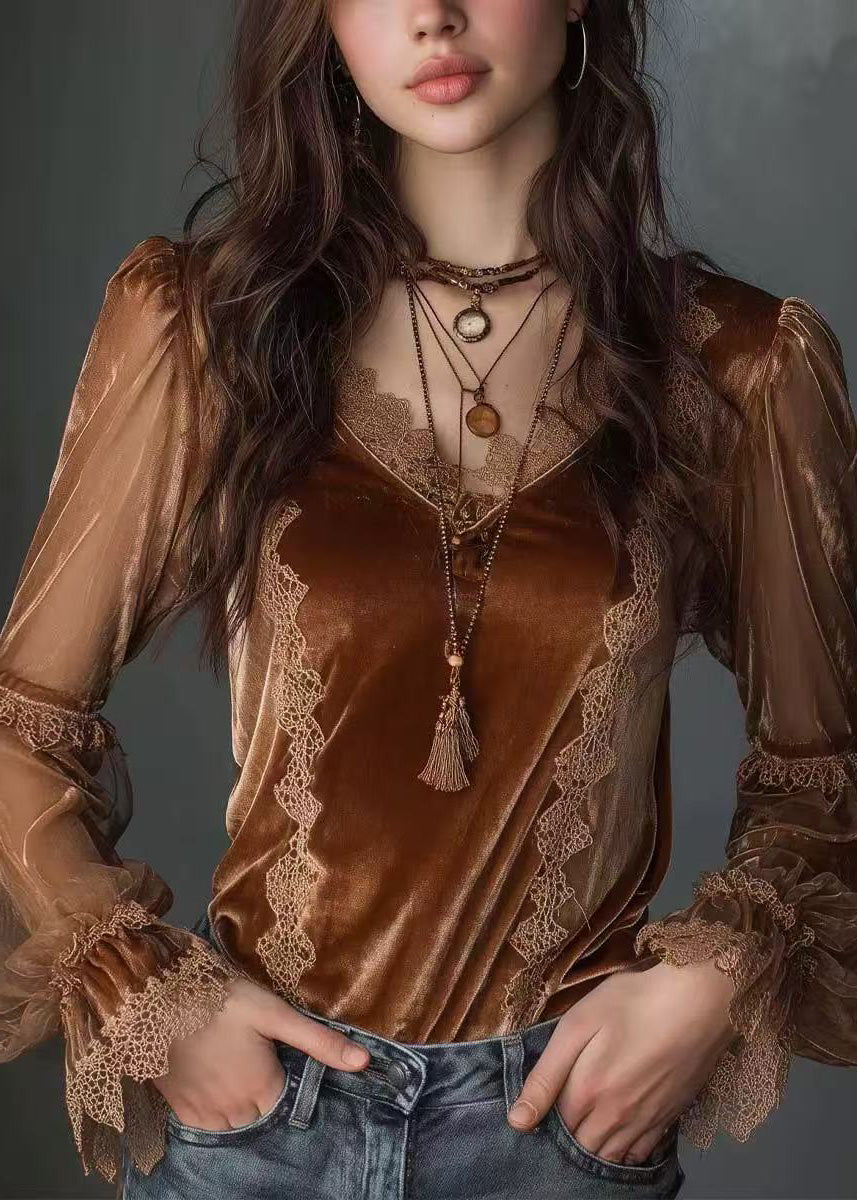 Stylish Brown Lace Patchwork Velour Top Spring