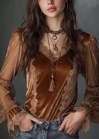 Stylish Brown Lace Patchwork Velour Top Spring