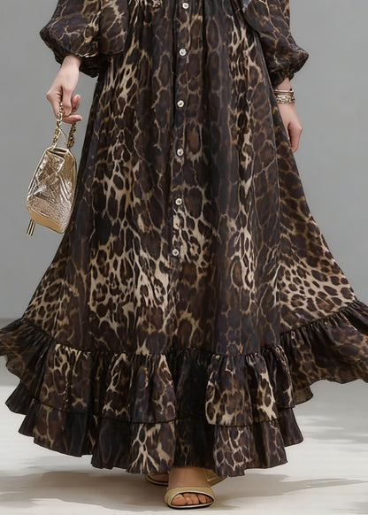 Stylish Brown Oversized Leopard Print Long Dress Lantern Sleeve