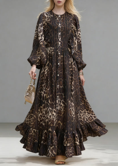 Stylish Brown Oversized Leopard Print Long Dress Lantern Sleeve