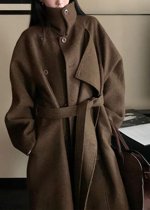 Stylish Brown Patchwork Tie Waist Solid Long Woolen Trench Coats Fall
