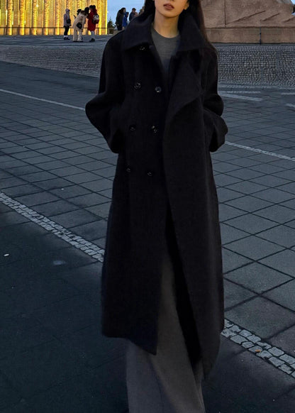 Stylish Brown Patchwork Tie Waist Solid Long Woolen Trench Coats Fall