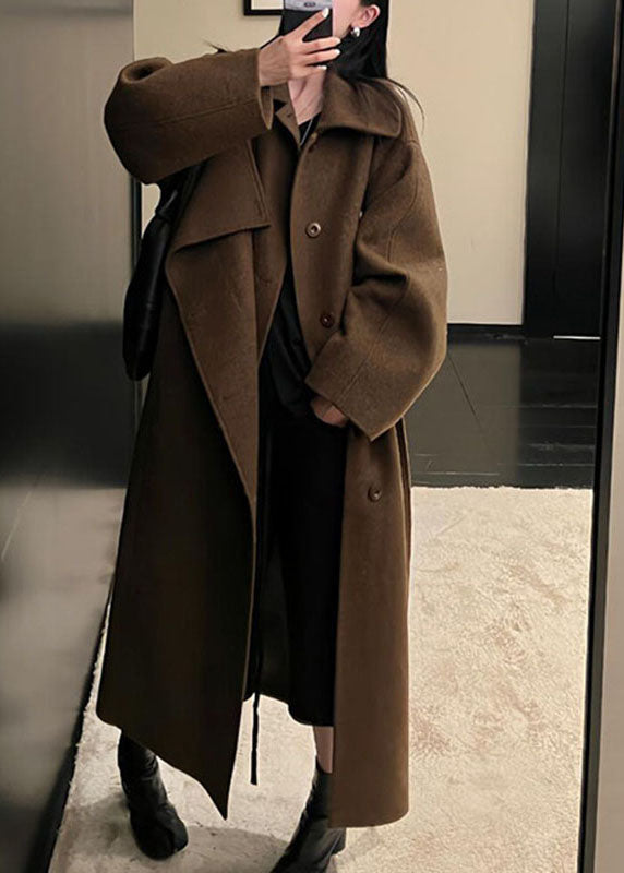 Stylish Brown Patchwork Tie Waist Solid Long Woolen Trench Coats Fall