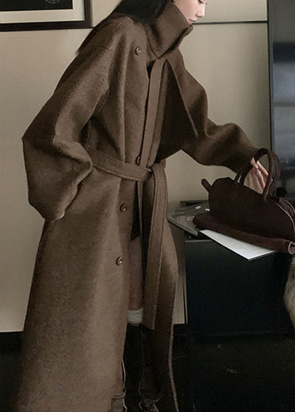 Stylish Brown Patchwork Tie Waist Solid Long Woolen Trench Coats Fall
