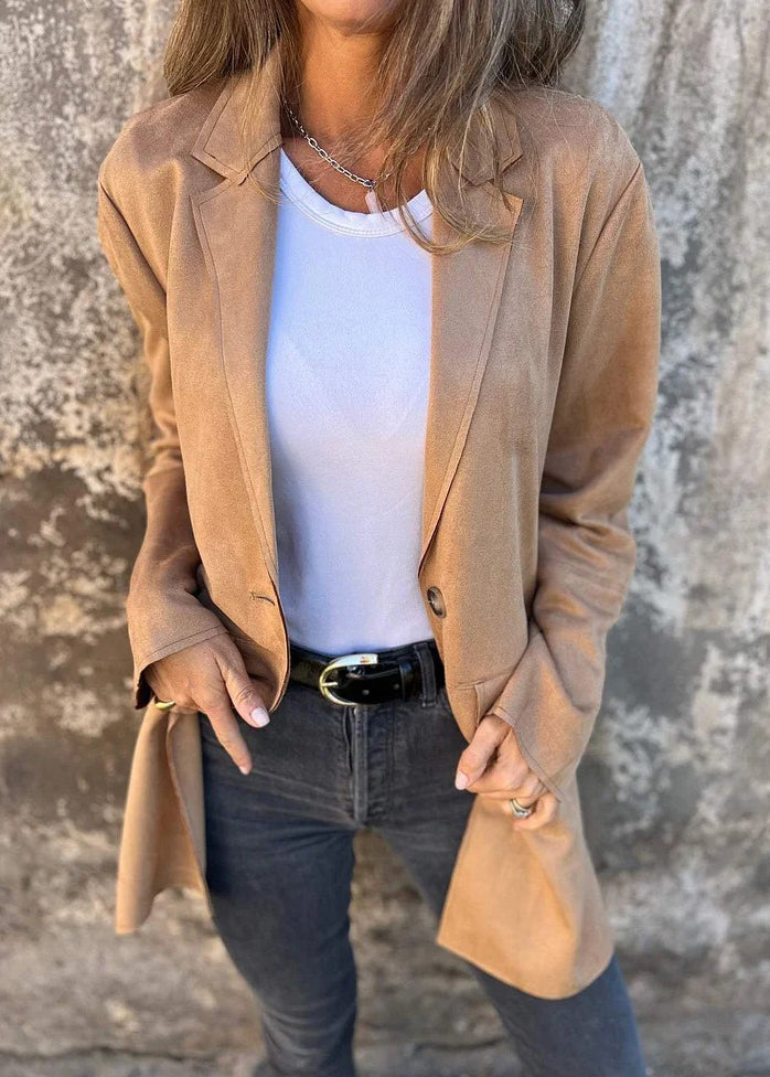 Stylish Brown Peter Pan Collar Button Patchwork Faux Suede Coat Fall