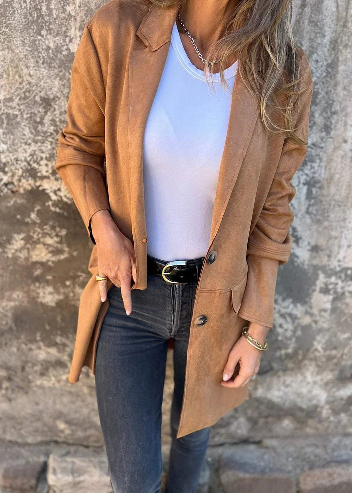 Stylish Brown Peter Pan Collar Button Patchwork Faux Suede Coat Fall