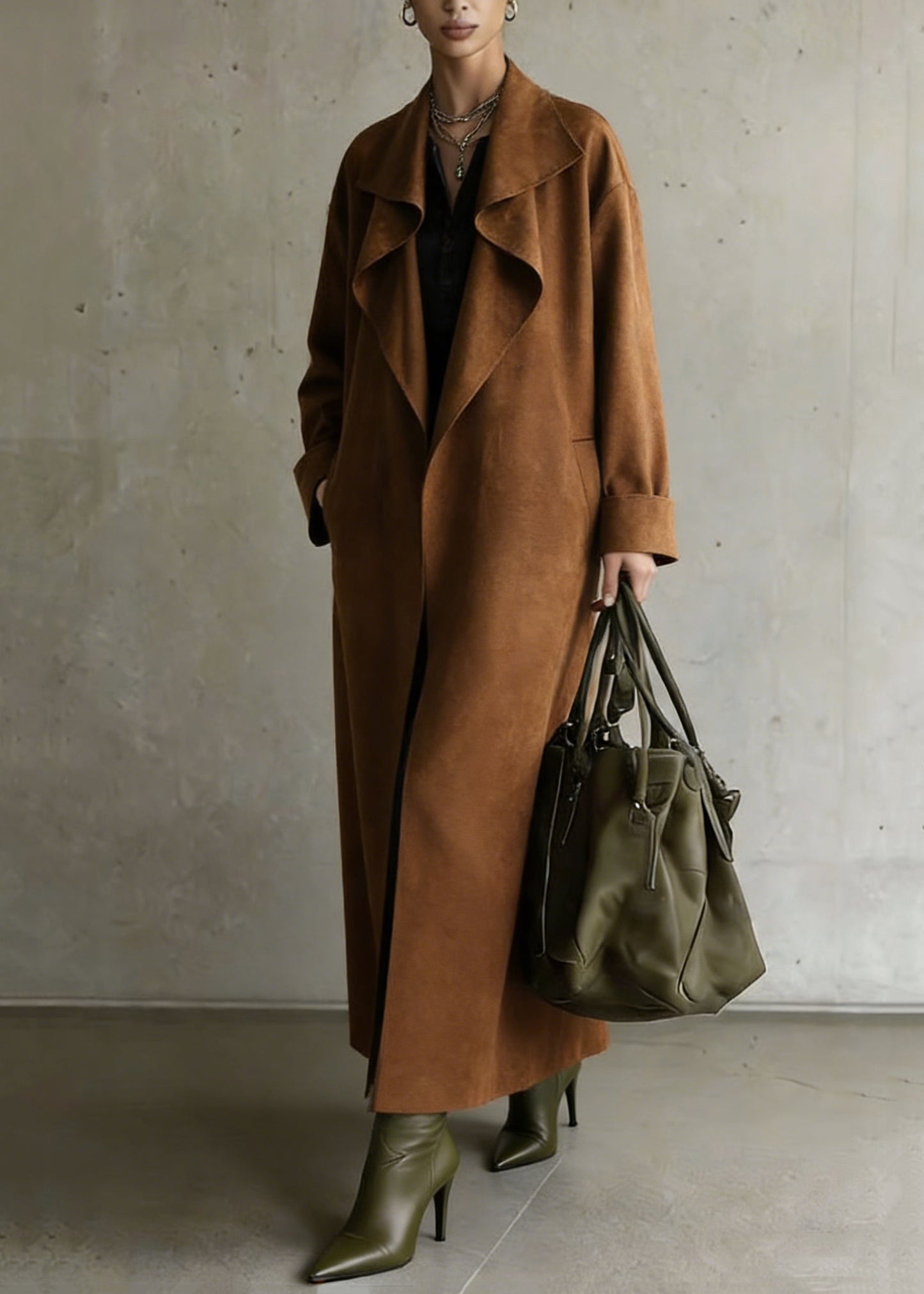 Stylish Brown Peter Pan Collar Pockets Solid Faux Suede Long Coat Spring